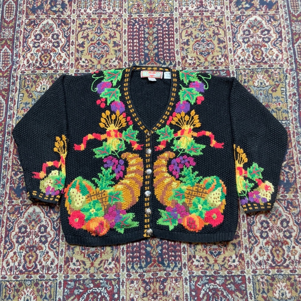 VTG 80s 90s Cardigan Bay Black Harvest Cornucopia Hand Knit Sweater Cardigan S